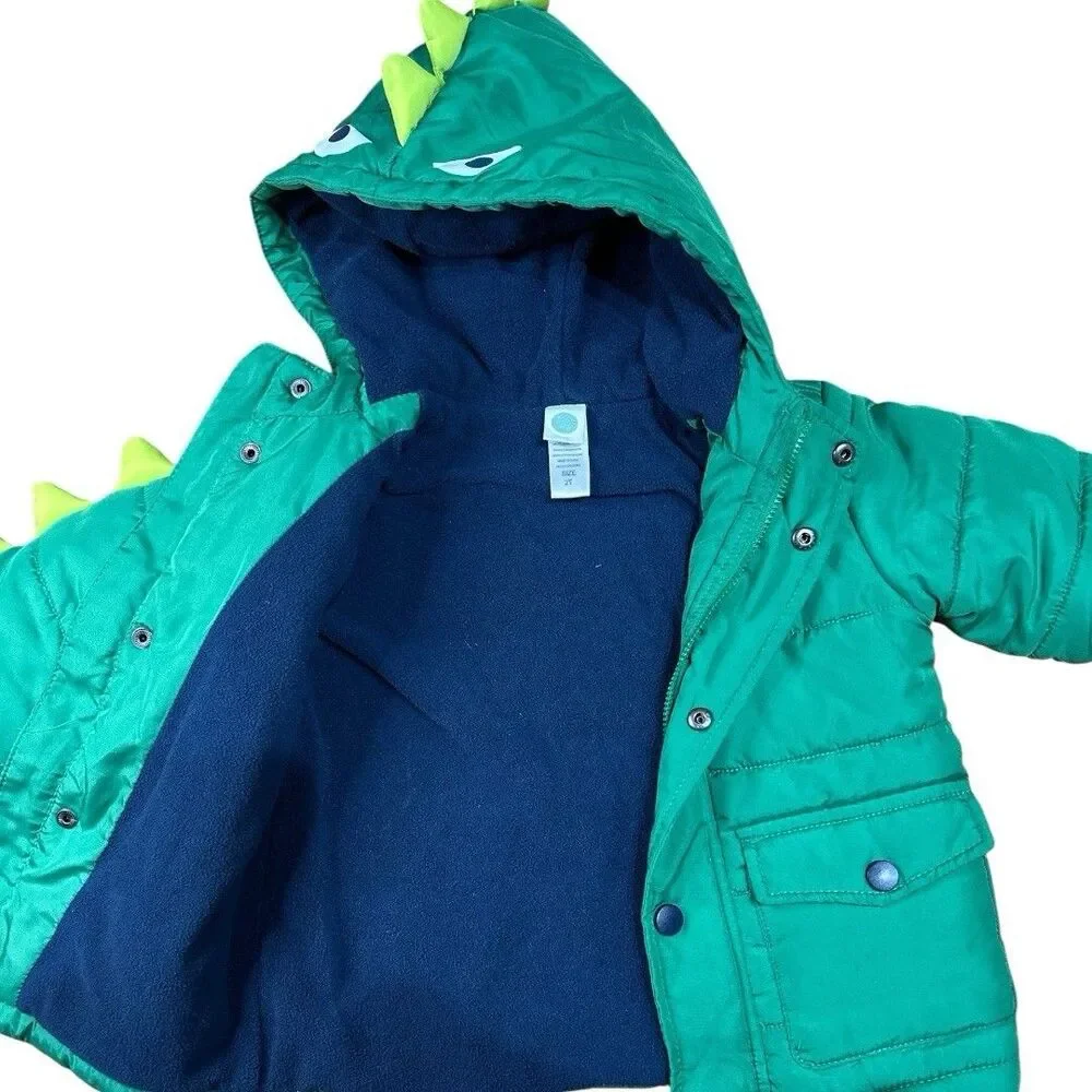Little Me Toddler Boys Green Dinosaur Puffer Jacket Coat 3D Spikes 2T